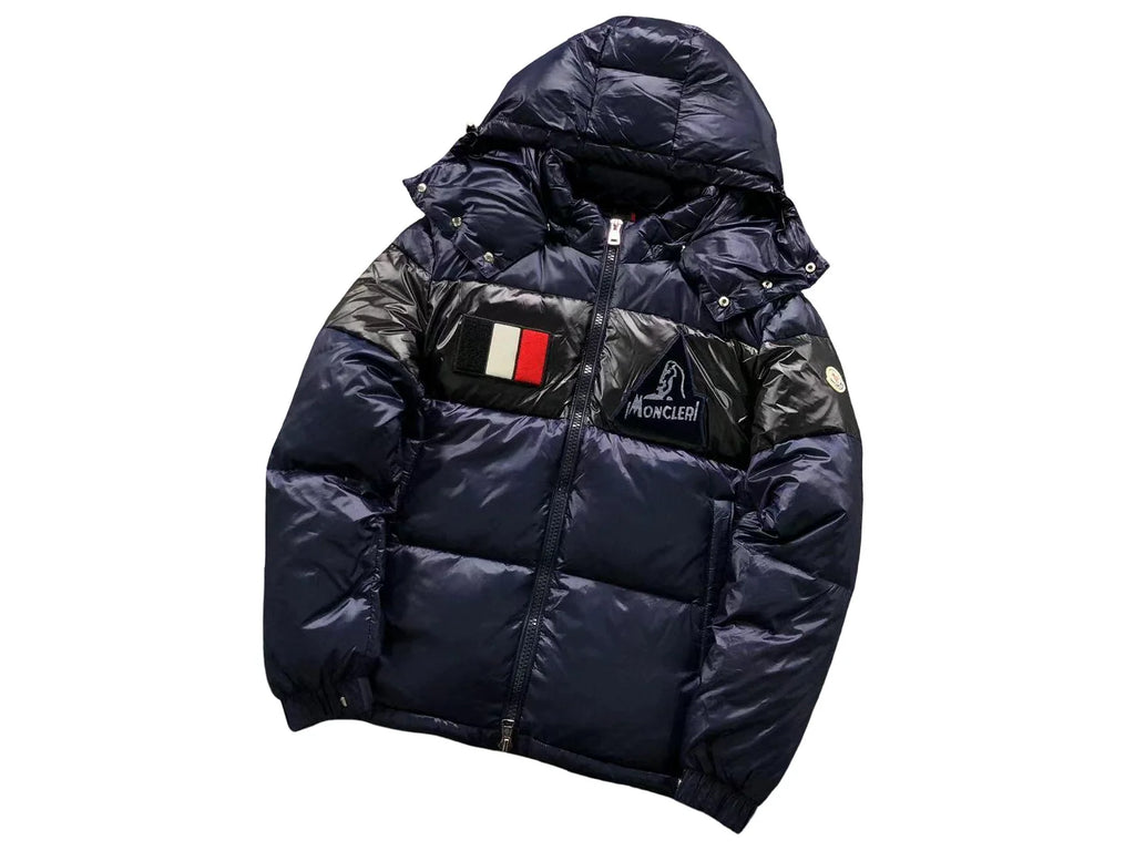 Moncler Navy Blue Black Colorblock Glossy Hooded Puffer Jacket