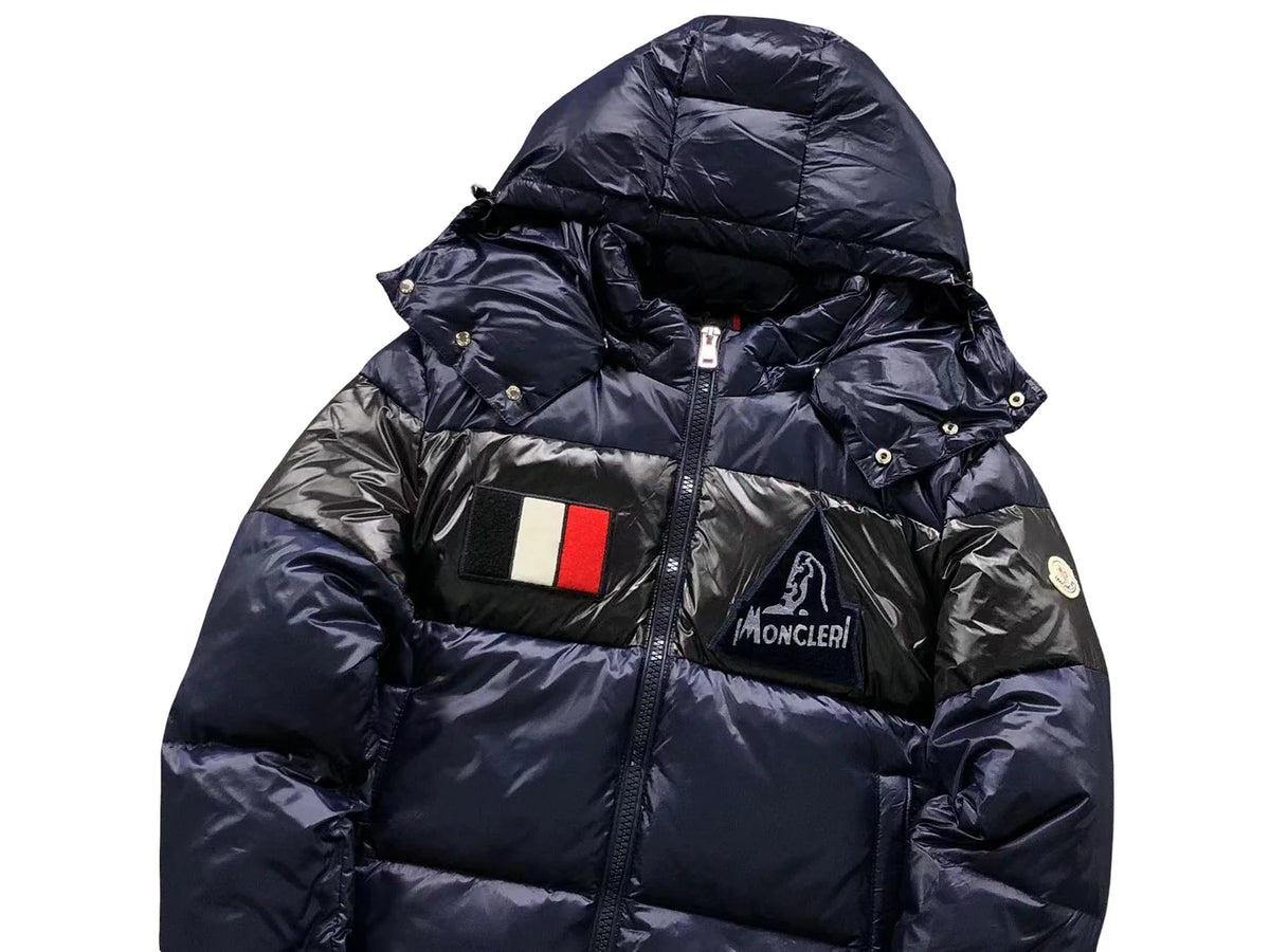 Moncler Navy Blue Black Colorblock Glossy Hooded Puffer Jacket