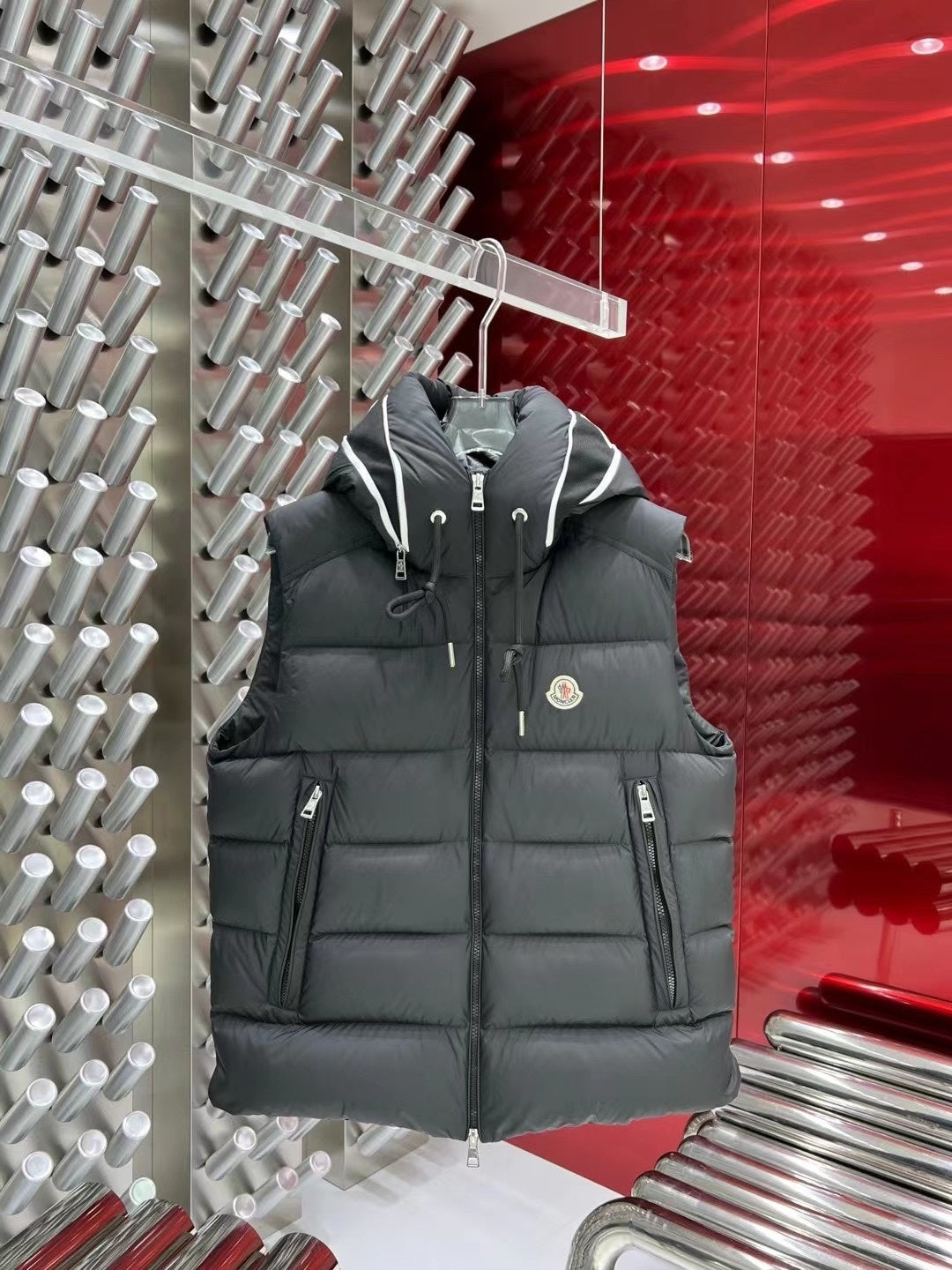 Moncler Charcoal Gray Logo Hooded Quilted Puffer Vest