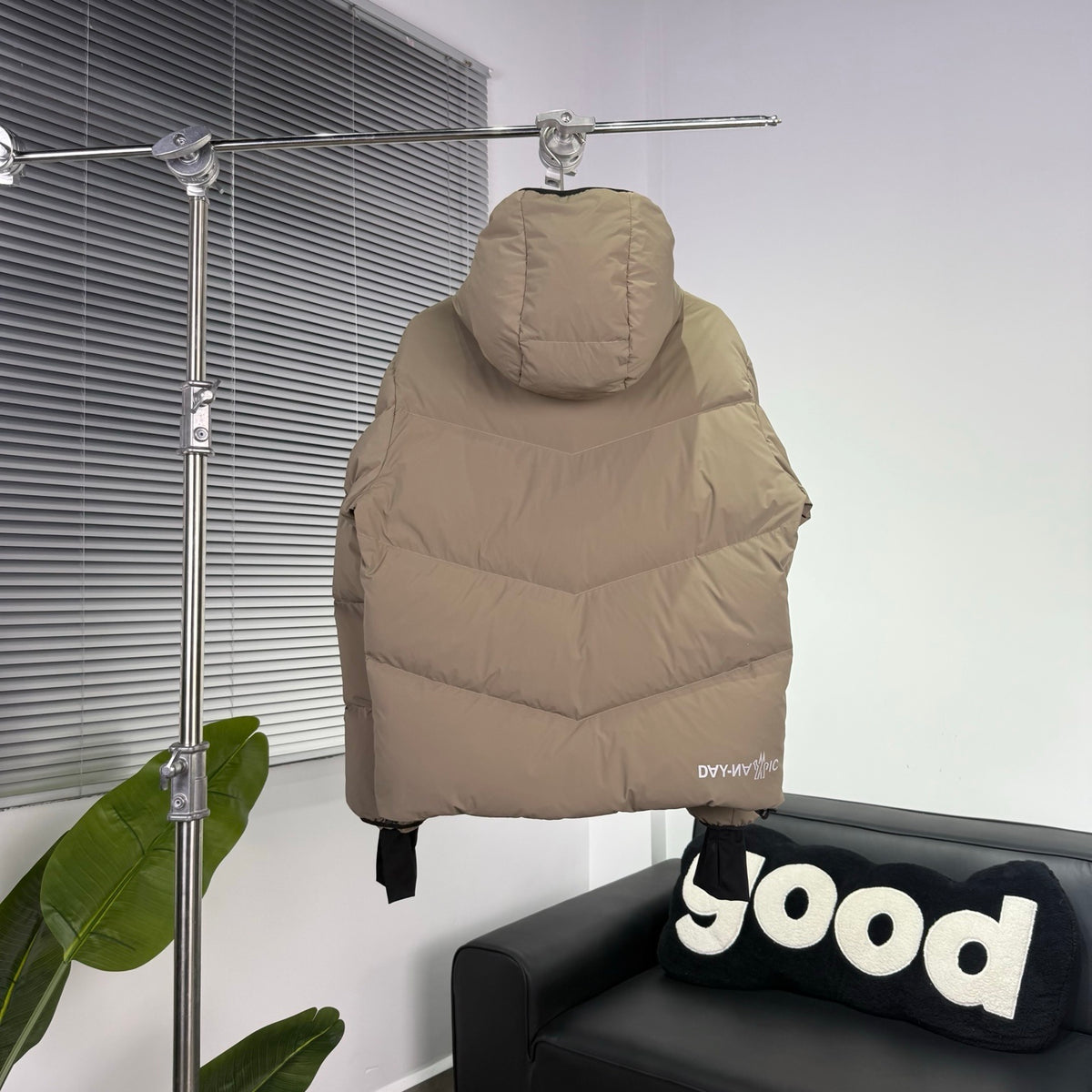 Moncler Taupe Beige Chevron Quilted Hooded Puffer Jacket