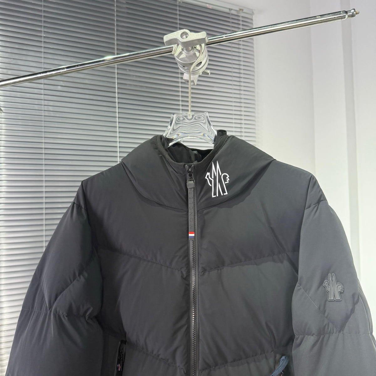 Moncler Black Chevron Quilted Hooded Puffer Jacket