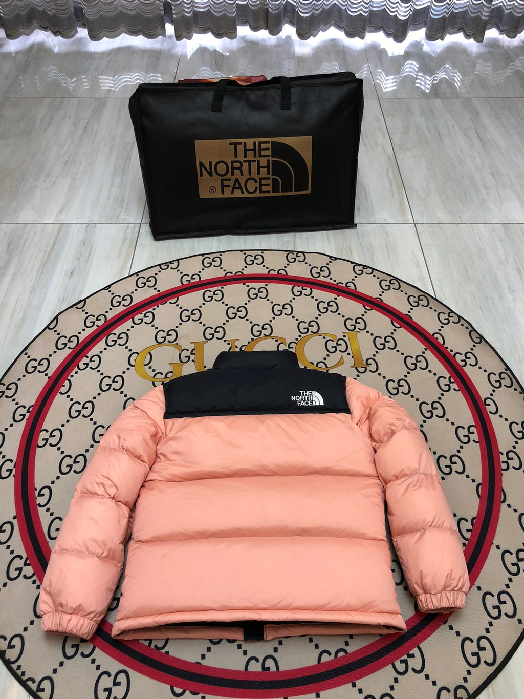 The North Face Peach Pink Black Colorblock Puffer Jacket