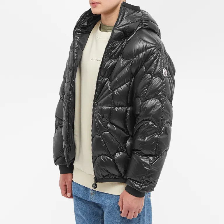 Moncler Black Glossy Geometric Quilted Hooded Puffer Jacket