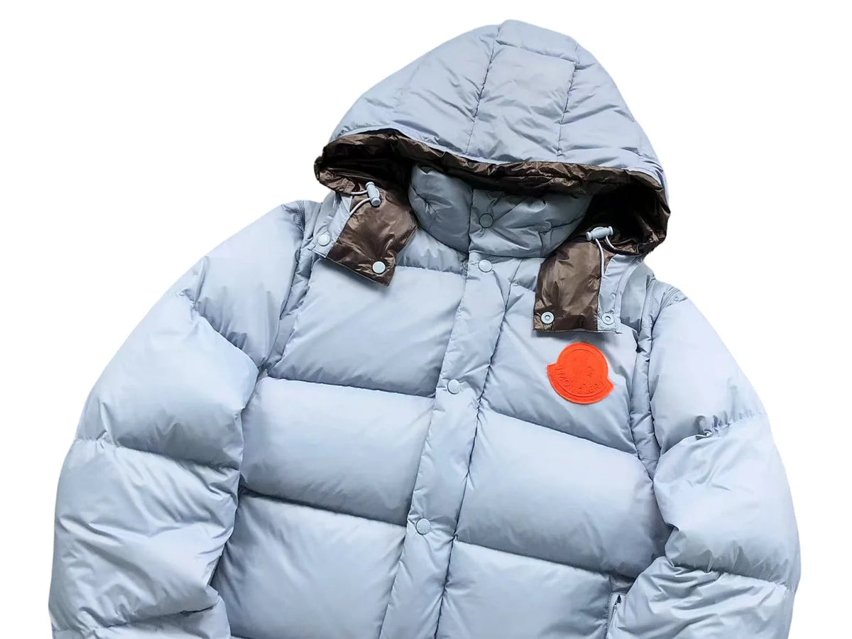 Moncler Ice Blue Hooded Puffer Jacket with Orange Logo