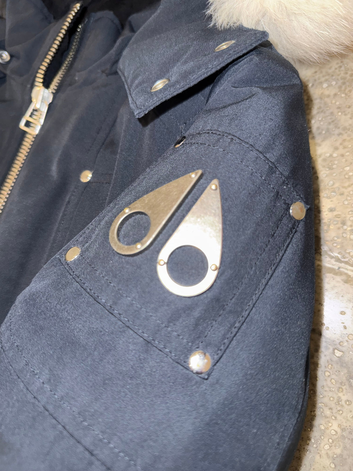 Moose Knuckles Navy Blue White Trim Hooded Bomber Jacket