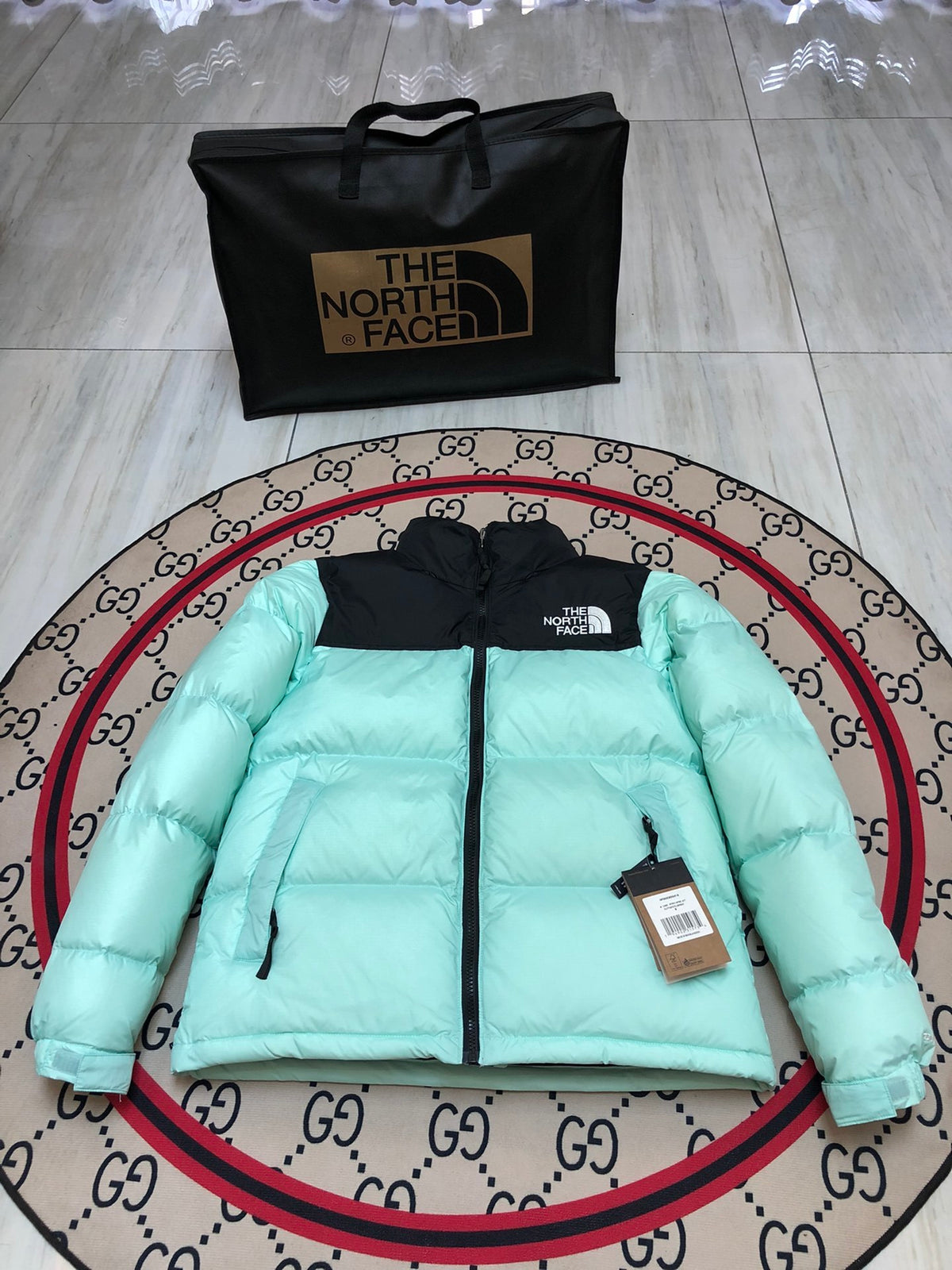 The North Face Mint Green Black Colorblock Puffer Jacket