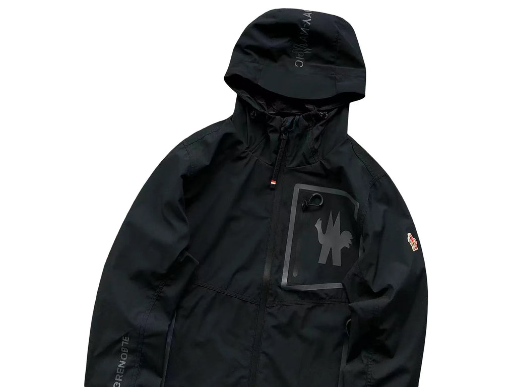 Moncler Black Hooded Zip-Front Jacket with Graphic Chest Pocket