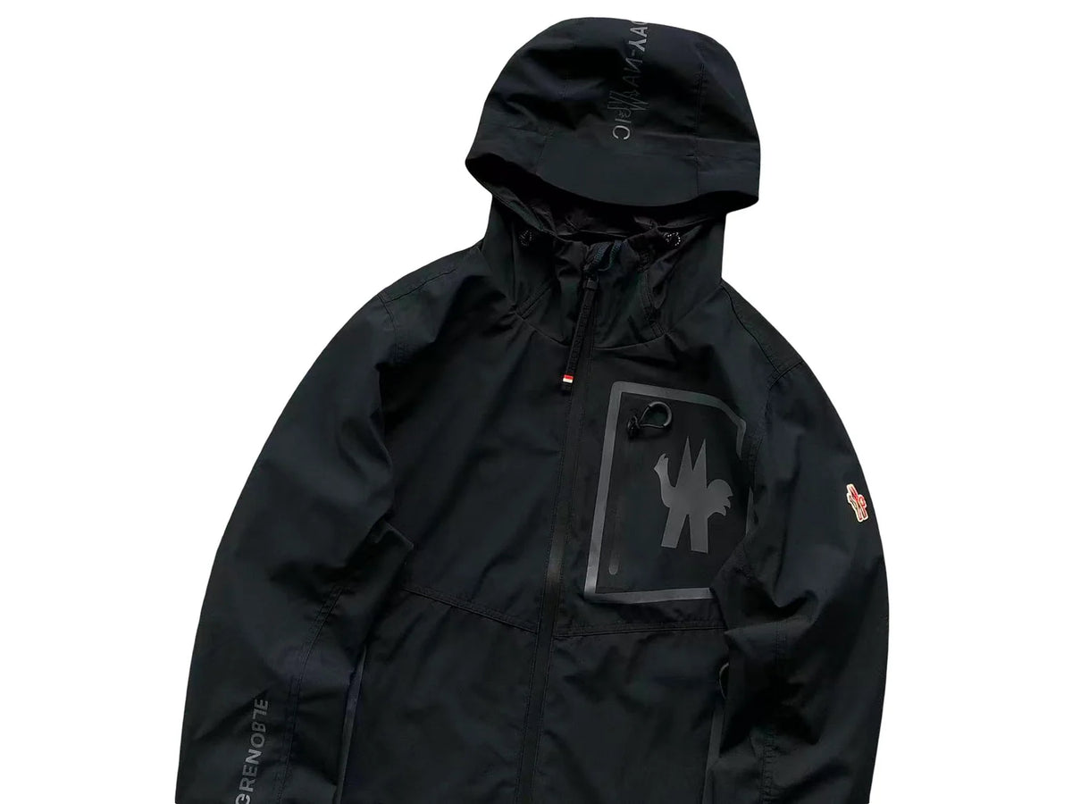 Moncler Black Hooded Zip-Front Jacket with Graphic Chest Pocket