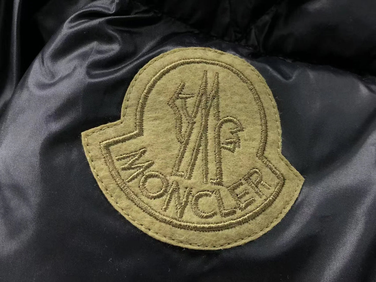 Moncler Black Glossy Stand Collar Puffer Jacket with Olive Logo