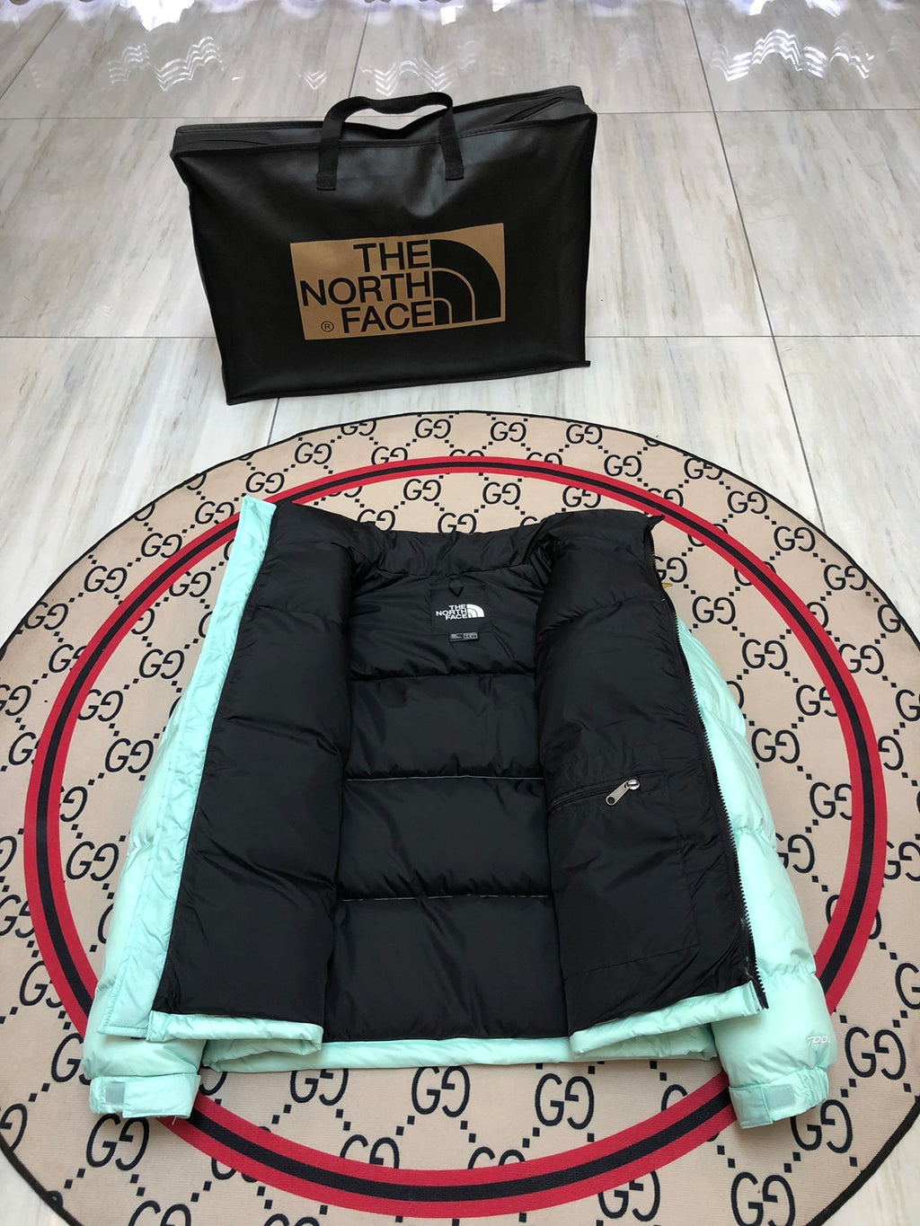 The North Face Mint Green Black Colorblock Puffer Jacket