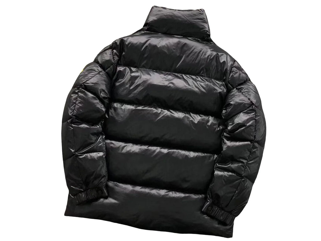 Moncler Black Glossy Stand Collar Puffer Jacket with Olive Logo