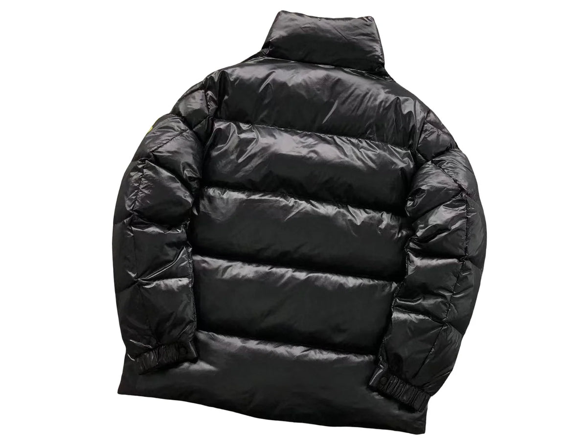 Moncler Black Glossy Stand Collar Puffer Jacket with Olive Logo