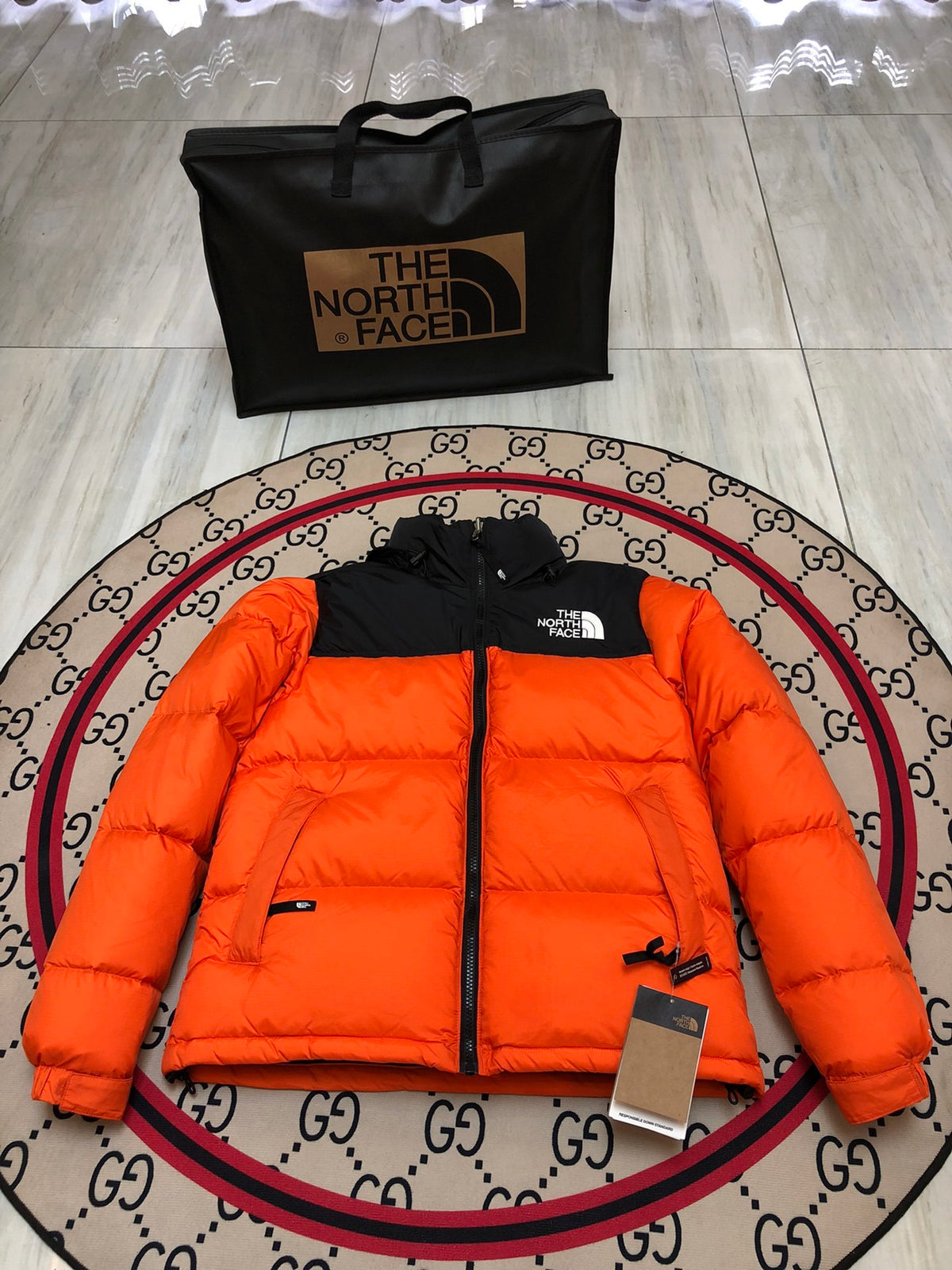 The North Face Orange Black Colorblock Puffer Jacket