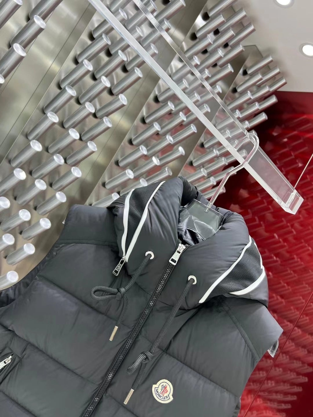 Moncler Charcoal Gray Logo Hooded Quilted Puffer Vest