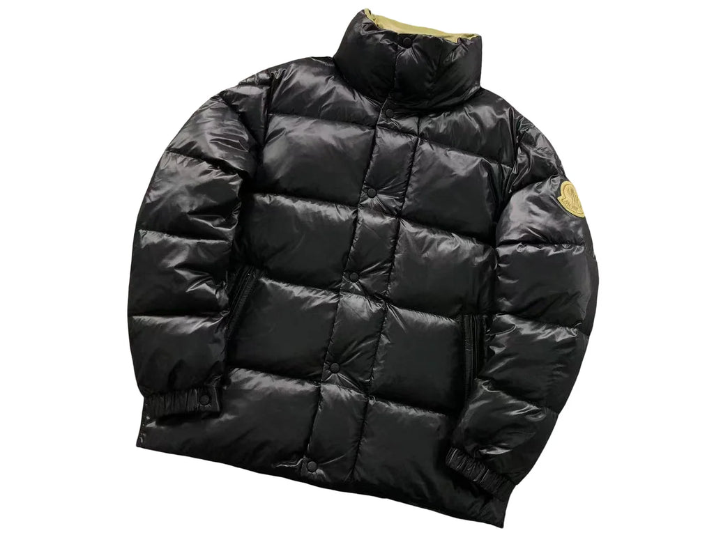 Moncler Black Glossy Stand Collar Puffer Jacket with Olive Logo