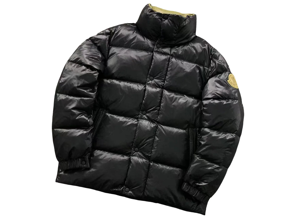 Moncler Black Glossy Stand Collar Puffer Jacket with Olive Logo