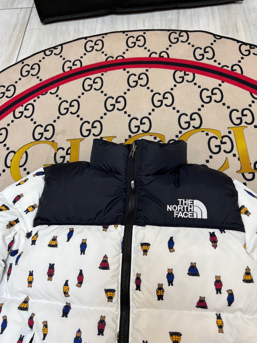 The North Face White Black Bear Print Puffer Jacket