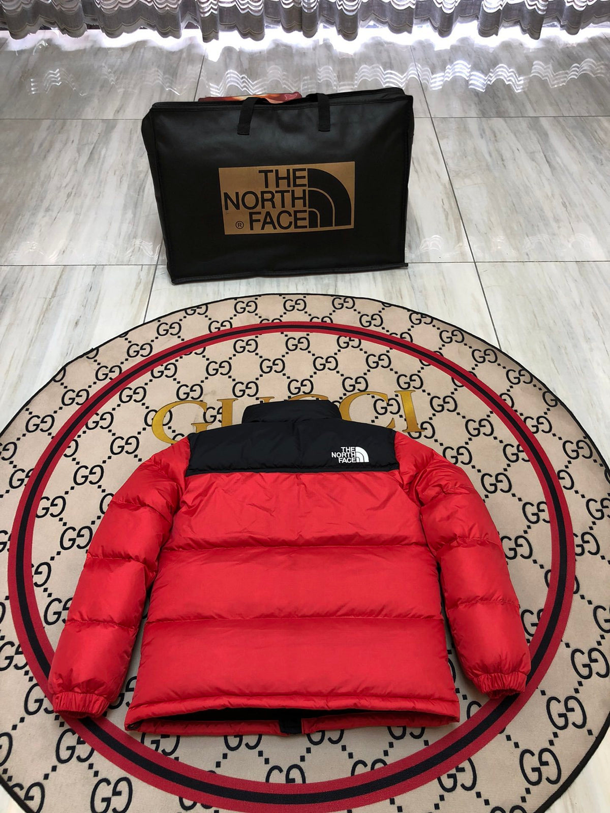 The North Face Red Black Colorblock Puffer Jacket