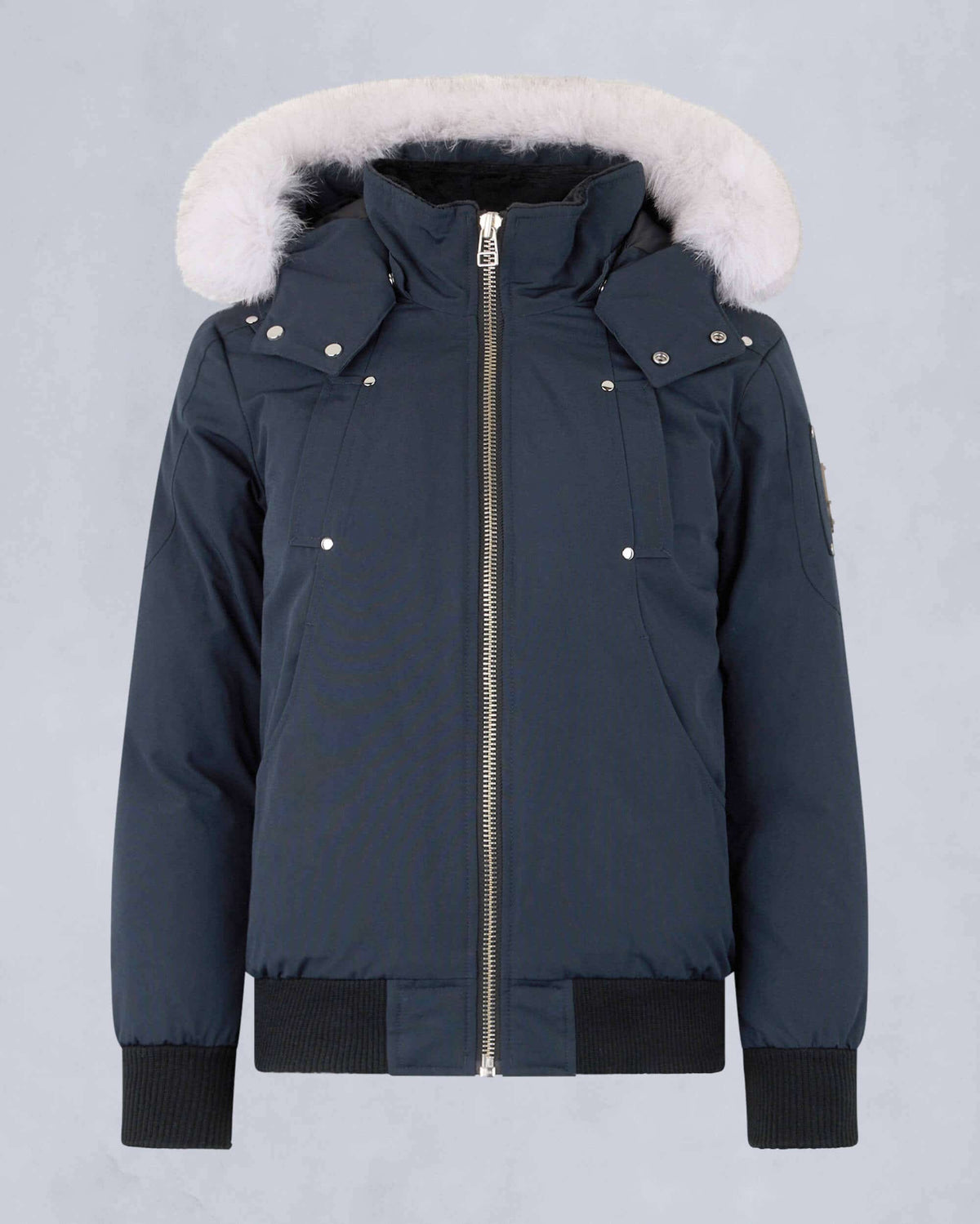 Moose Knuckles Navy Blue White Trim Hooded Bomber Jacket