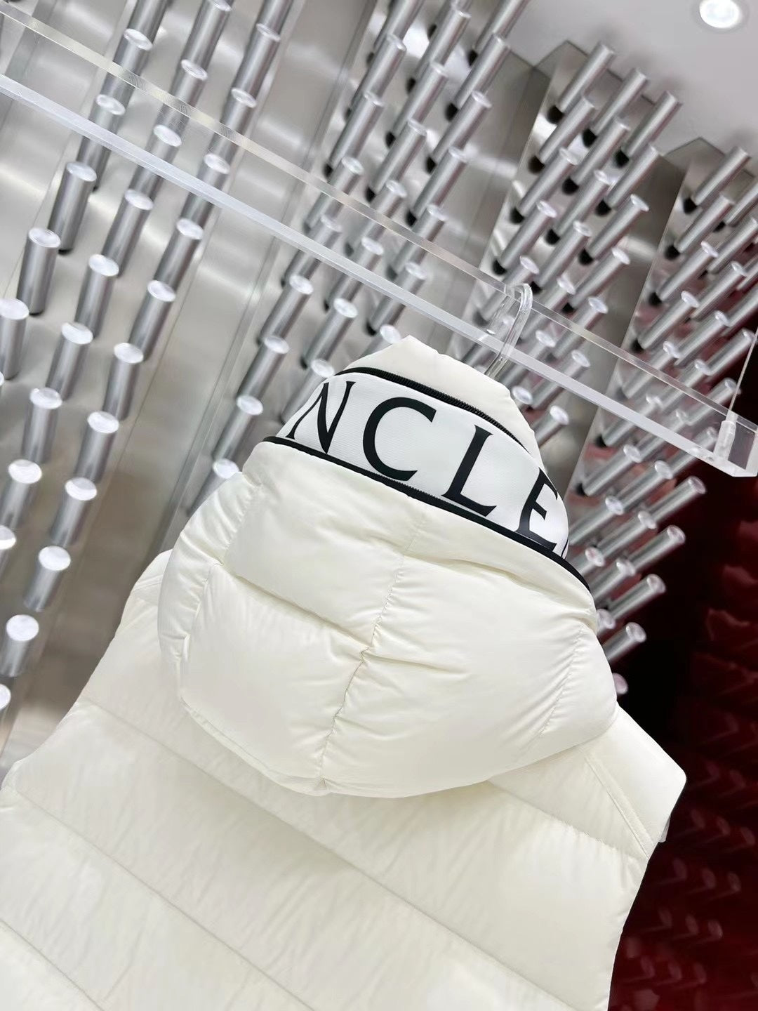 Moncler Ivory White Logo Hooded Quilted Puffer Vest