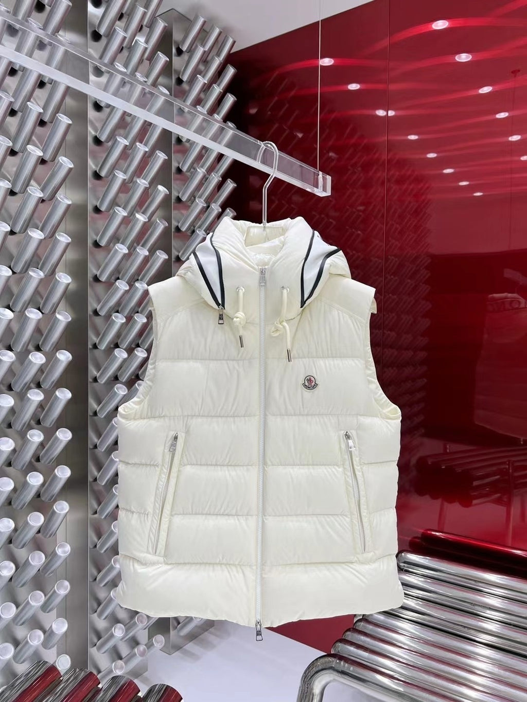 Moncler Ivory White Logo Hooded Quilted Puffer Vest