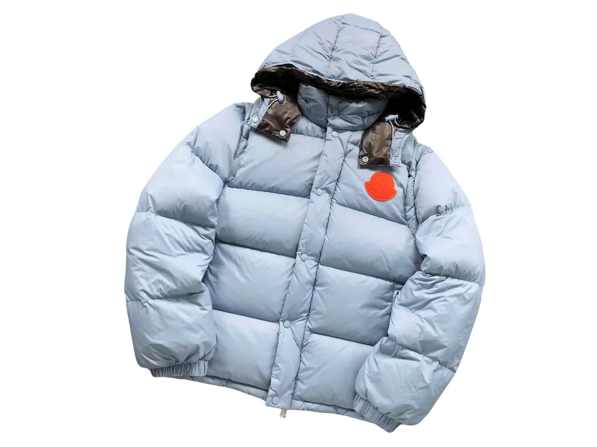 Moncler Ice Blue Hooded Puffer Jacket with Orange Logo