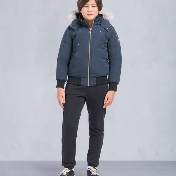 Moose Knuckles Navy Blue White Trim Hooded Bomber Jacket