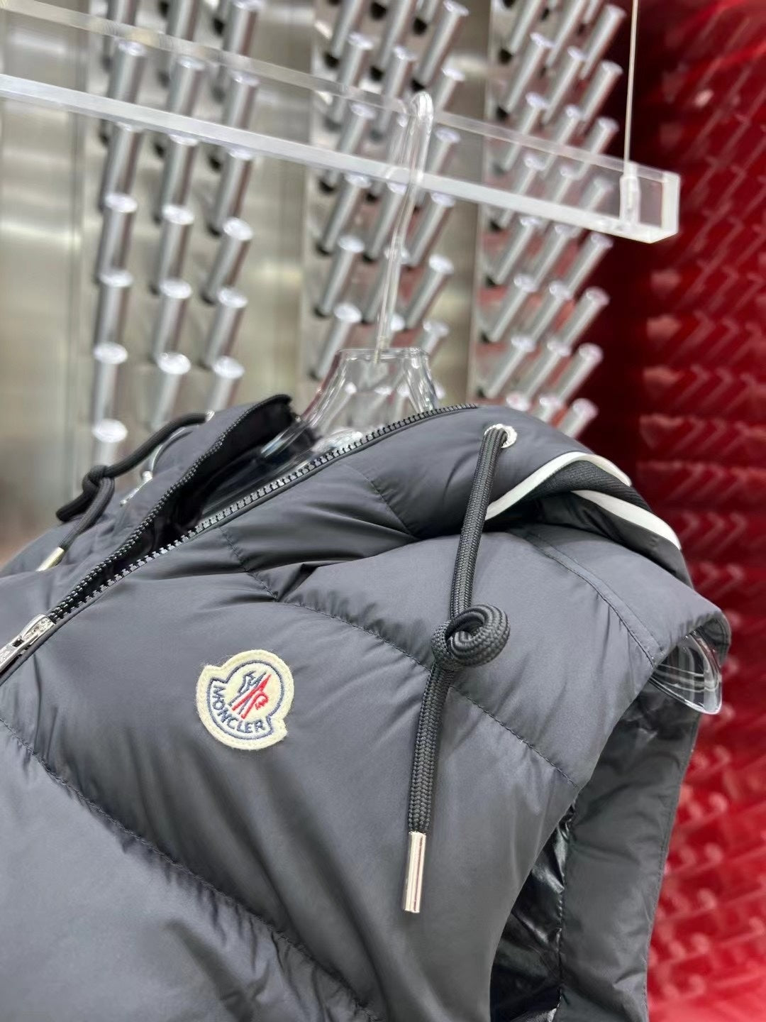 Moncler Charcoal Gray Logo Hooded Quilted Puffer Vest