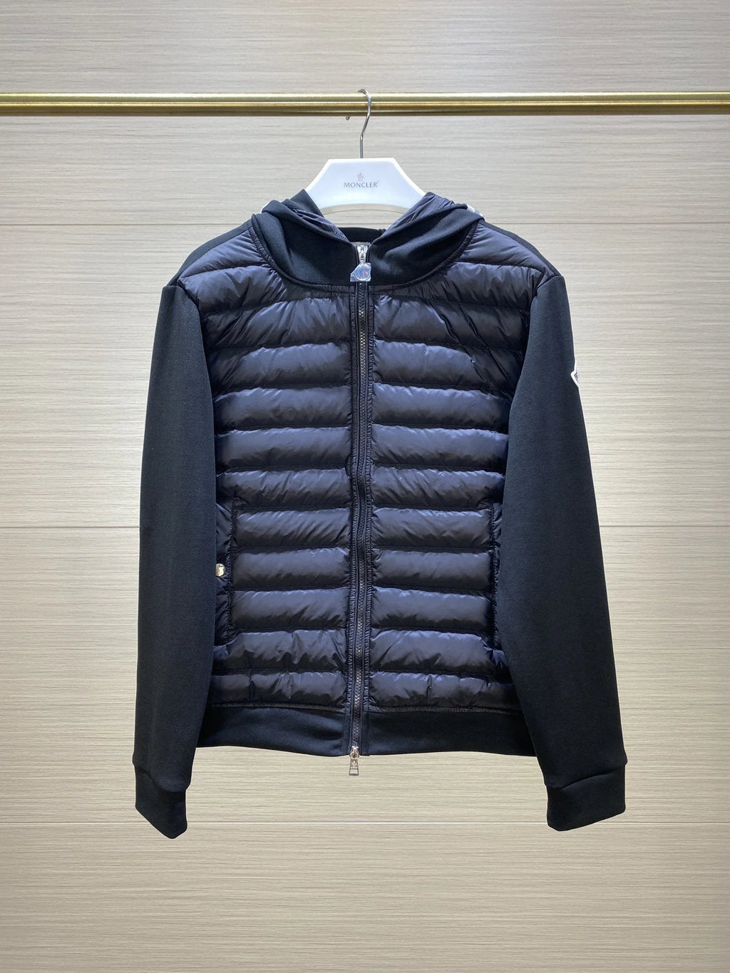 Moncler Black White Stripe Quilted Front Hooded Jacket
