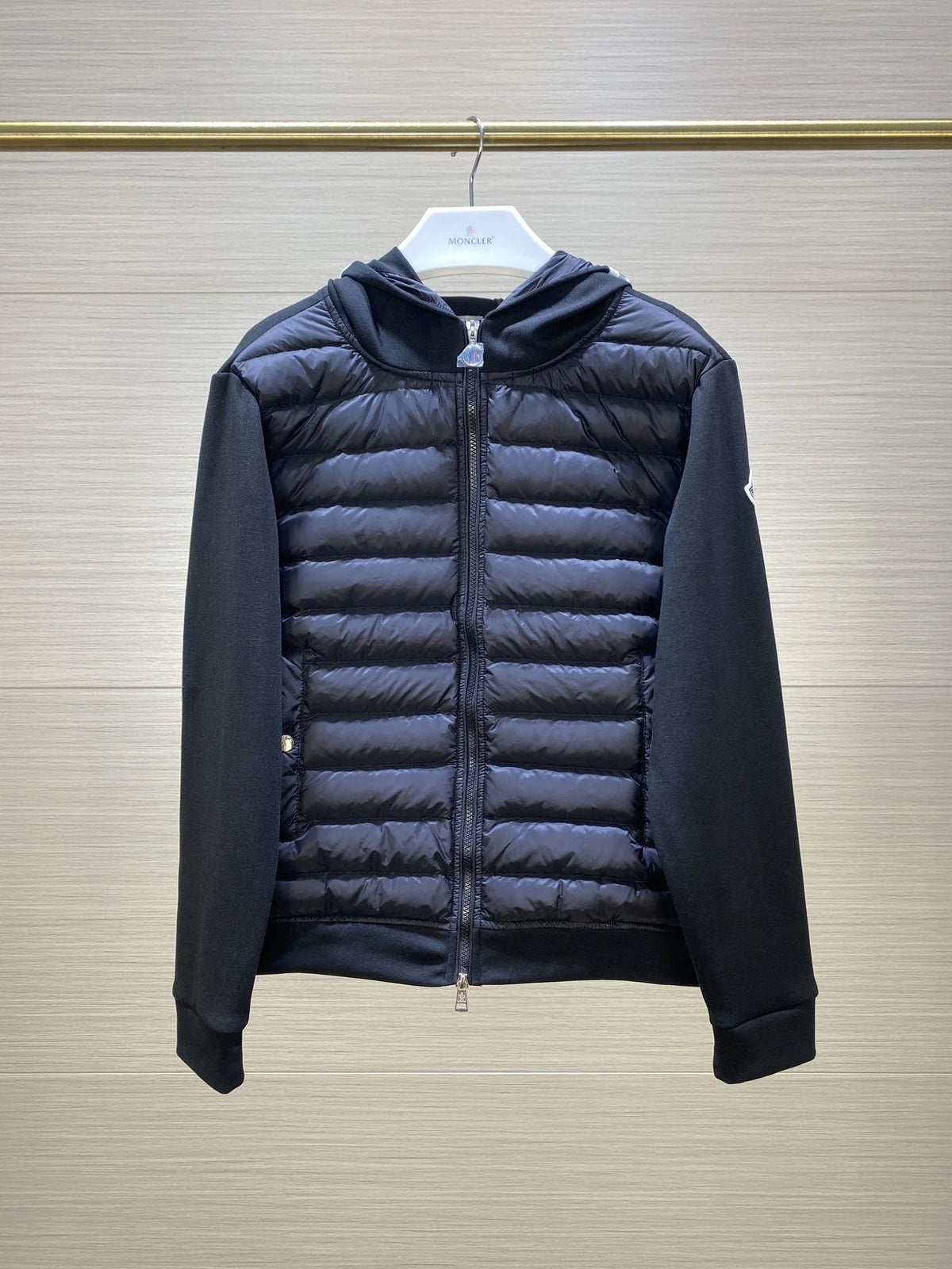 Moncler Black White Stripe Quilted Front Hooded Jacket