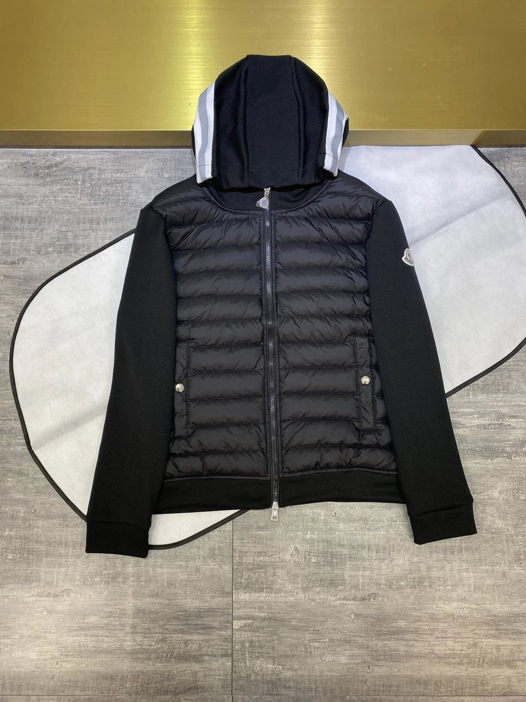 Moncler Black White Stripe Quilted Front Hooded Jacket