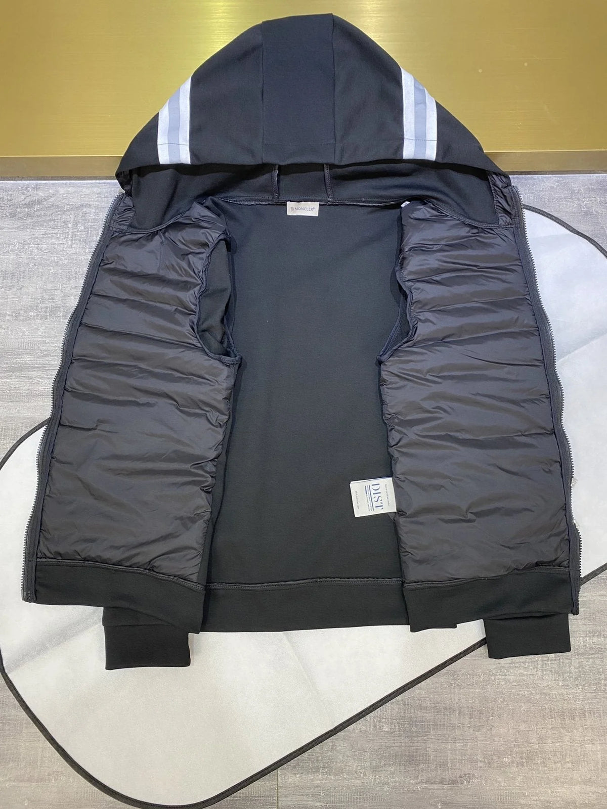 Moncler Black White Stripe Quilted Front Hooded Jacket