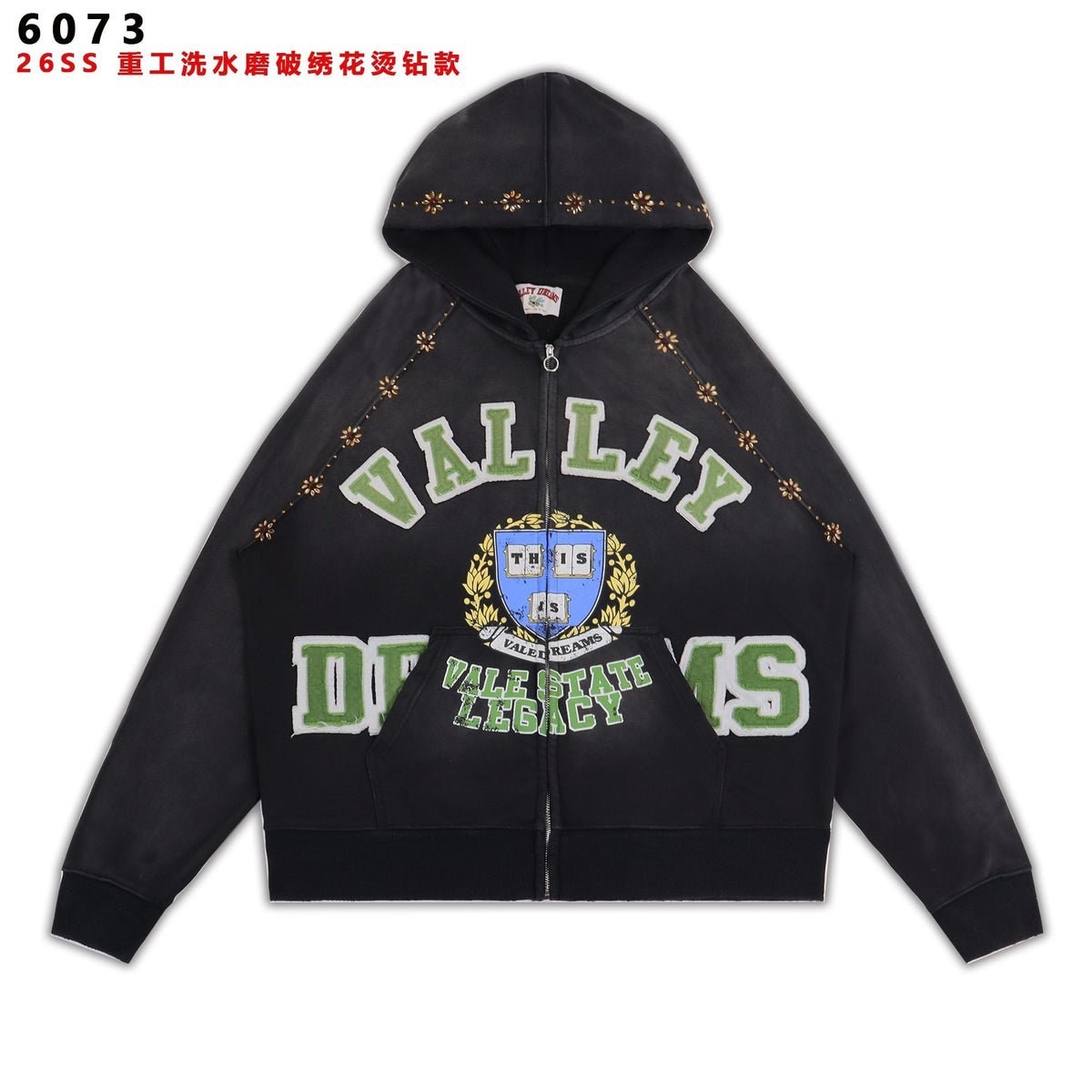 Valley Dreams Washed Black Collegiate Crest Zip Hoodie