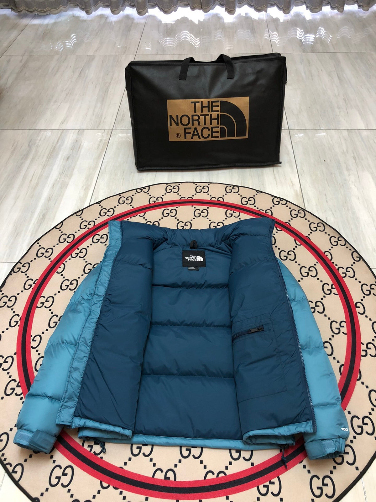 The North Face Teal Blue Navy Colorblock Puffer Jacket