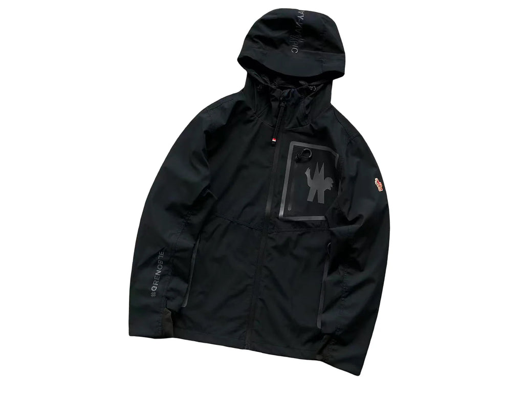 Moncler Black Hooded Zip-Front Jacket with Graphic Chest Pocket