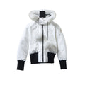 Moose Knuckles White Black Trim Pom-Pom Hooded Bomber Jacket