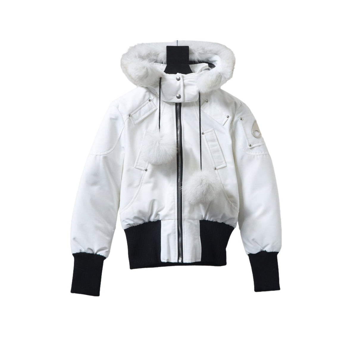 Moose Knuckles White Black Trim Pom-Pom Hooded Bomber Jacket