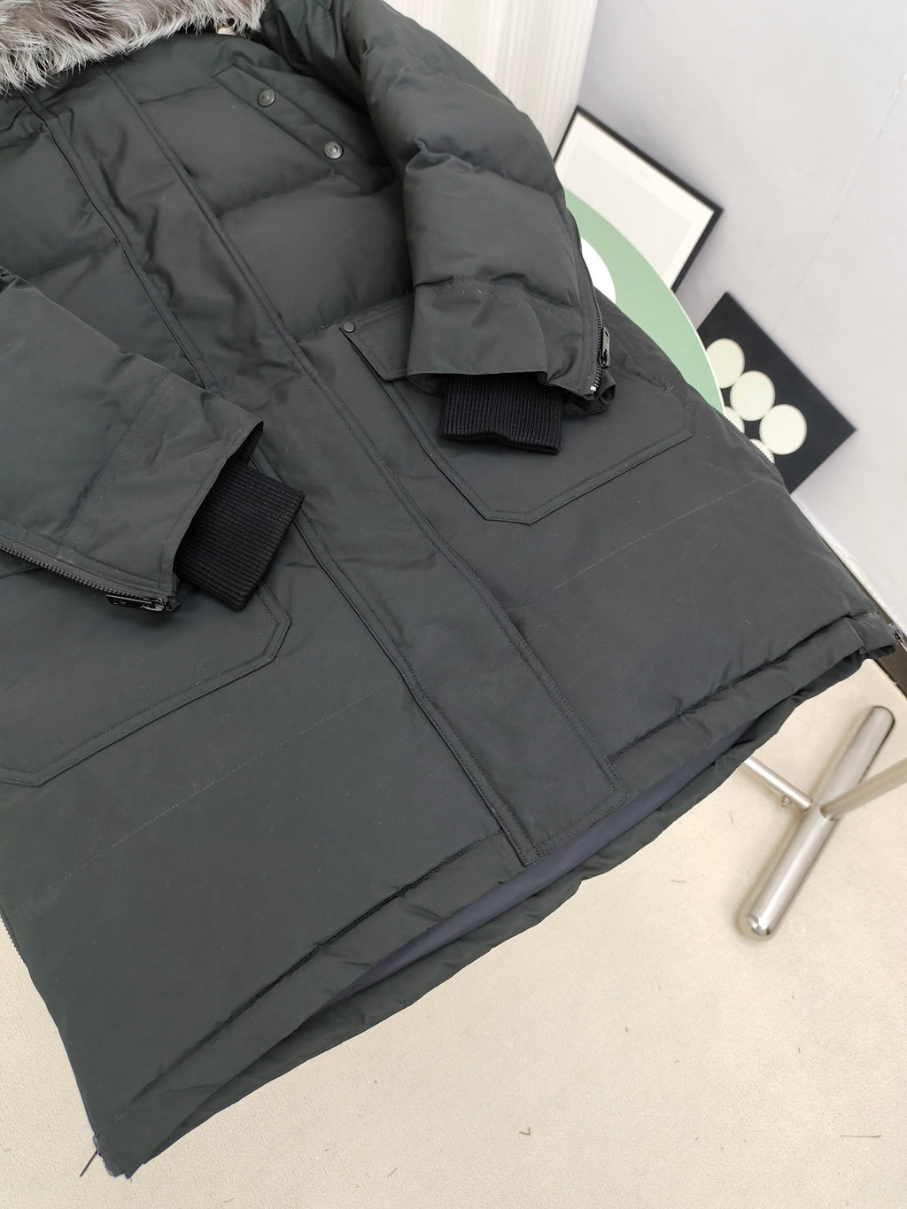 Moose Knuckles Charcoal Gray Longline Quilted Hooded Parka