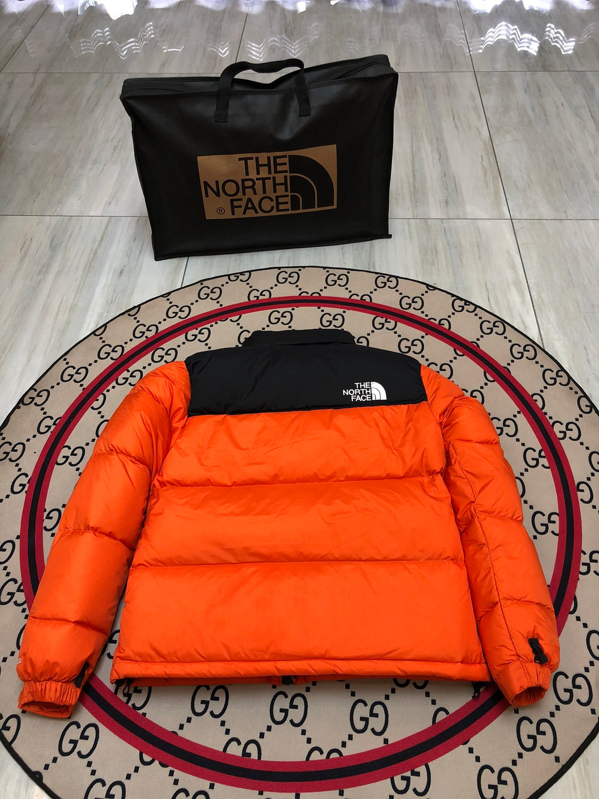 The North Face Orange Black Colorblock Puffer Jacket