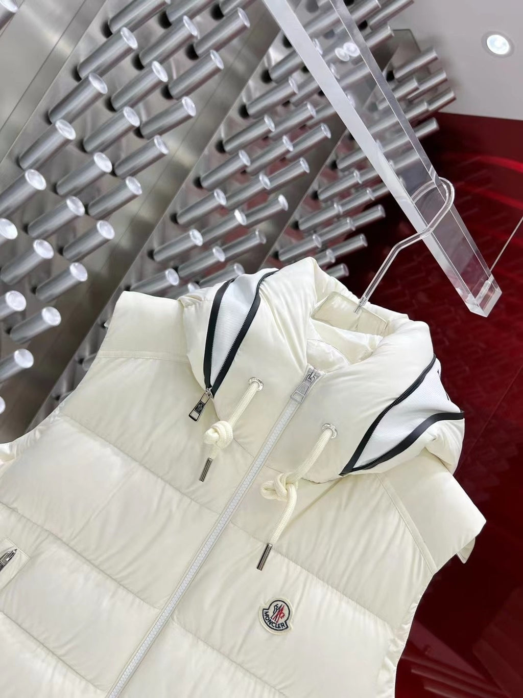 Moncler Ivory White Logo Hooded Quilted Puffer Vest