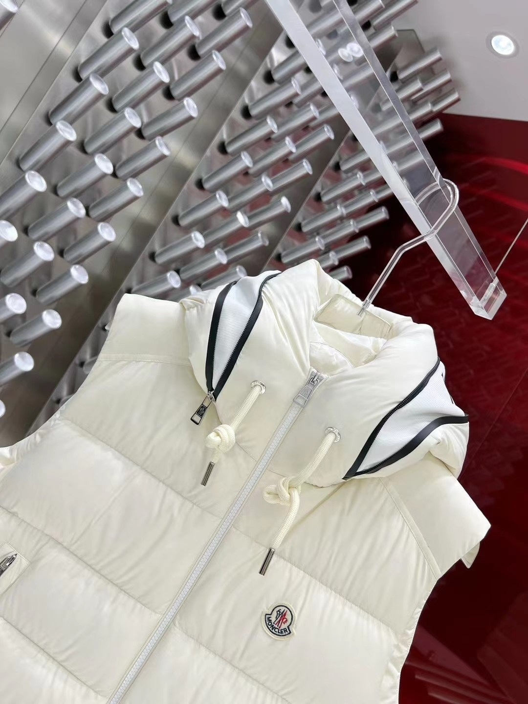 Moncler Ivory White Logo Hooded Quilted Puffer Vest