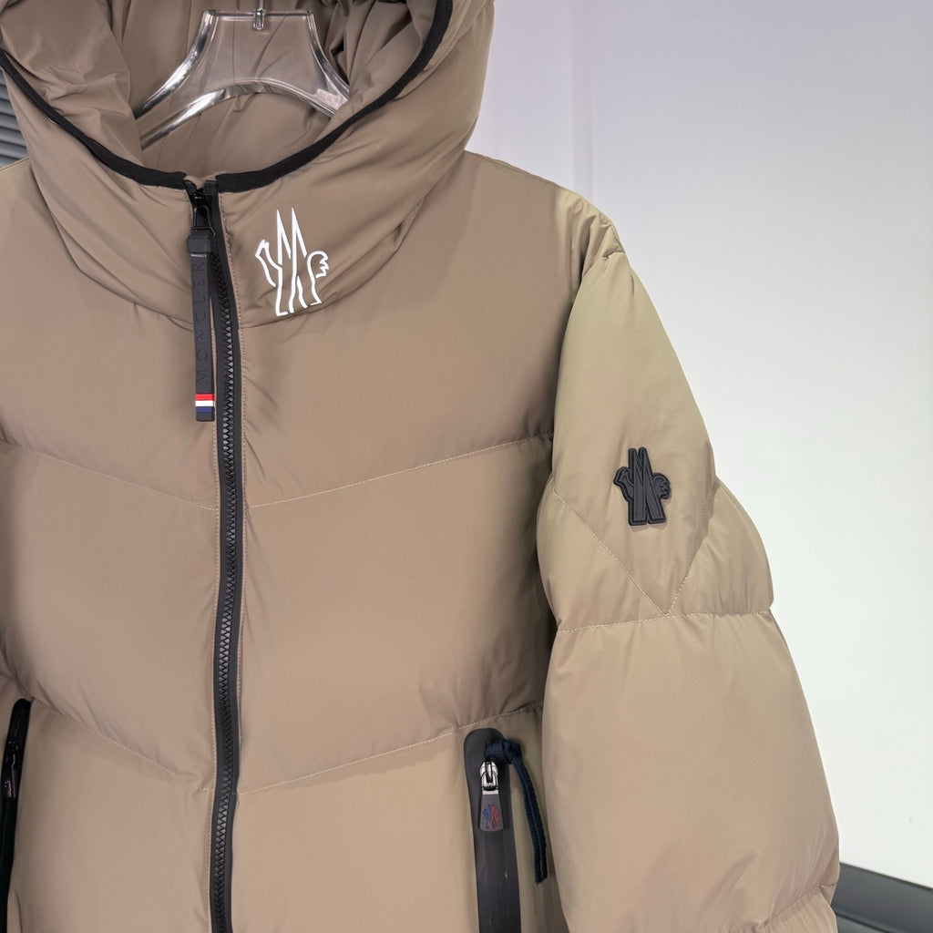 Moncler Taupe Beige Chevron Quilted Hooded Puffer Jacket