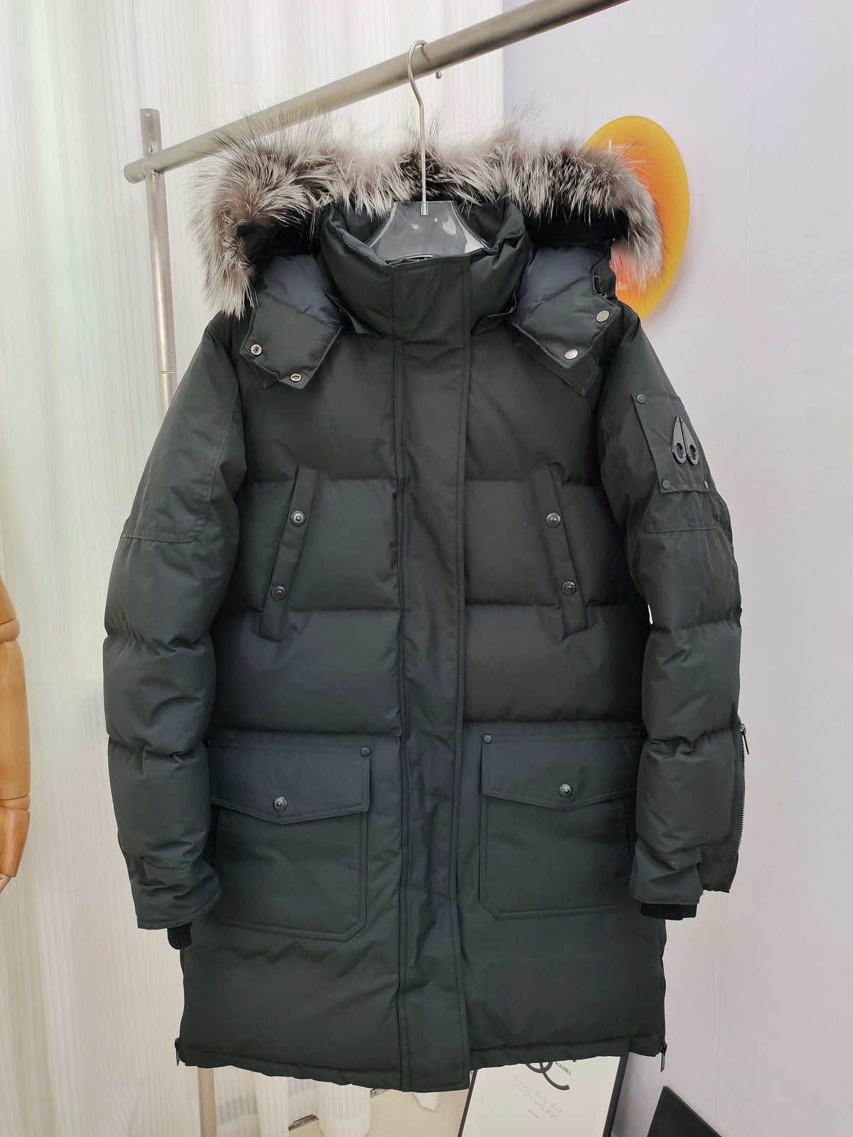 Moose Knuckles Charcoal Gray Longline Quilted Hooded Parka