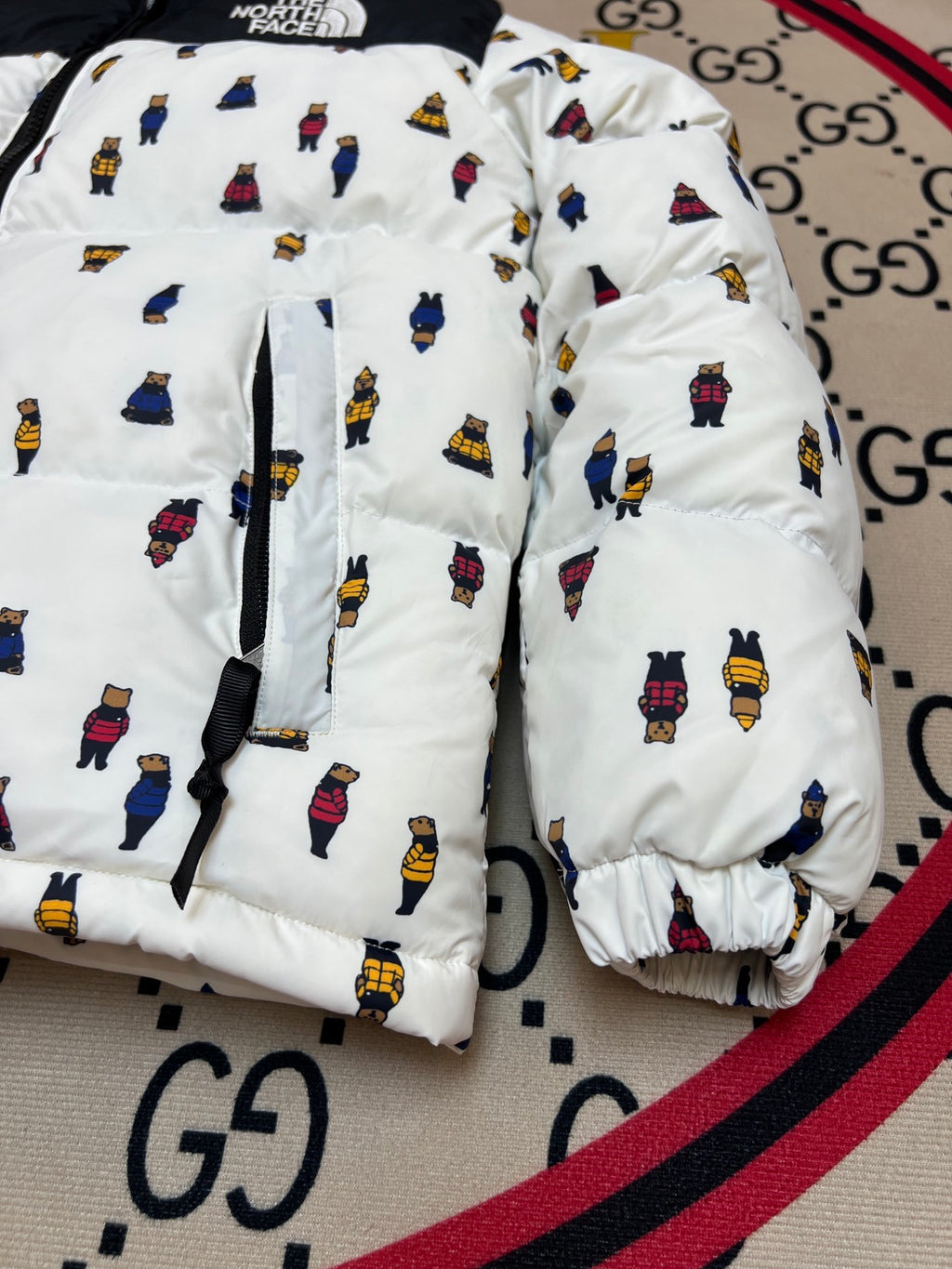 The North Face White Black Bear Print Puffer Jacket