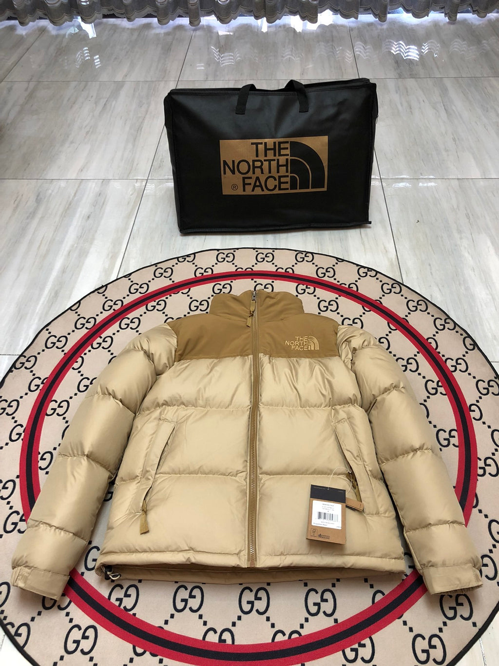 The North Face Sand Beige Tan Colorblock Puffer Jacket