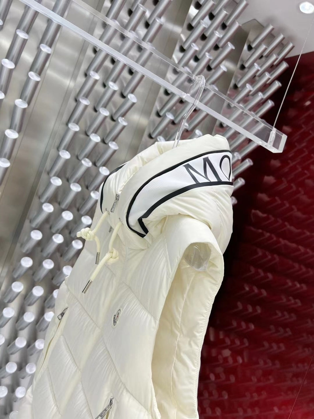 Moncler Ivory White Logo Hooded Quilted Puffer Vest
