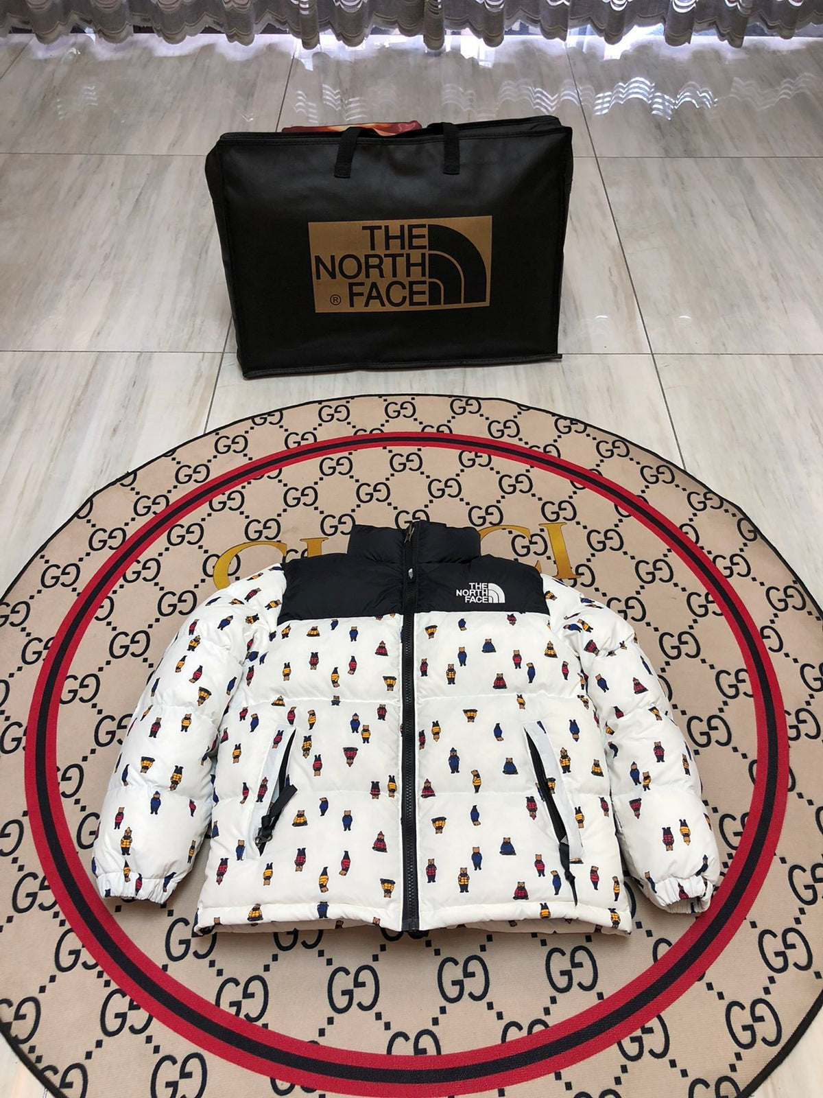 The North Face White Black Bear Print Puffer Jacket