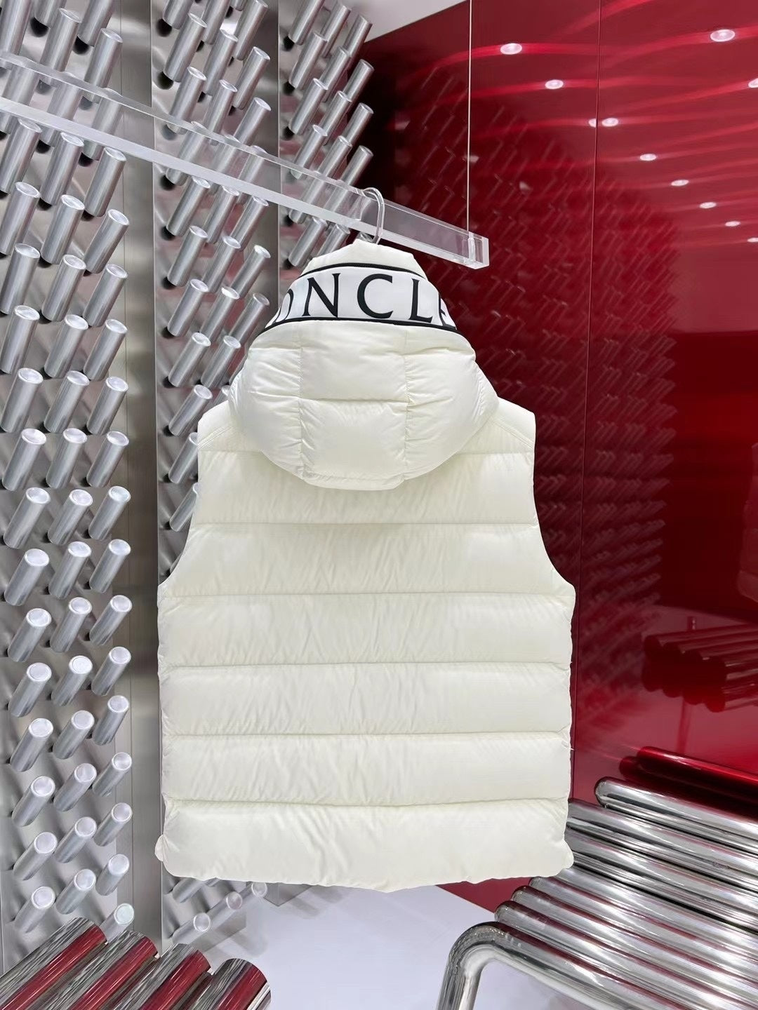 Moncler Ivory White Logo Hooded Quilted Puffer Vest