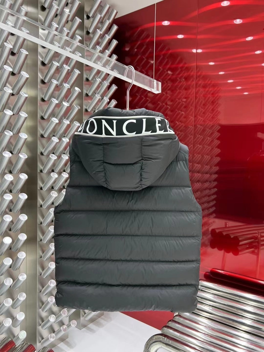 Moncler Charcoal Gray Logo Hooded Quilted Puffer Vest