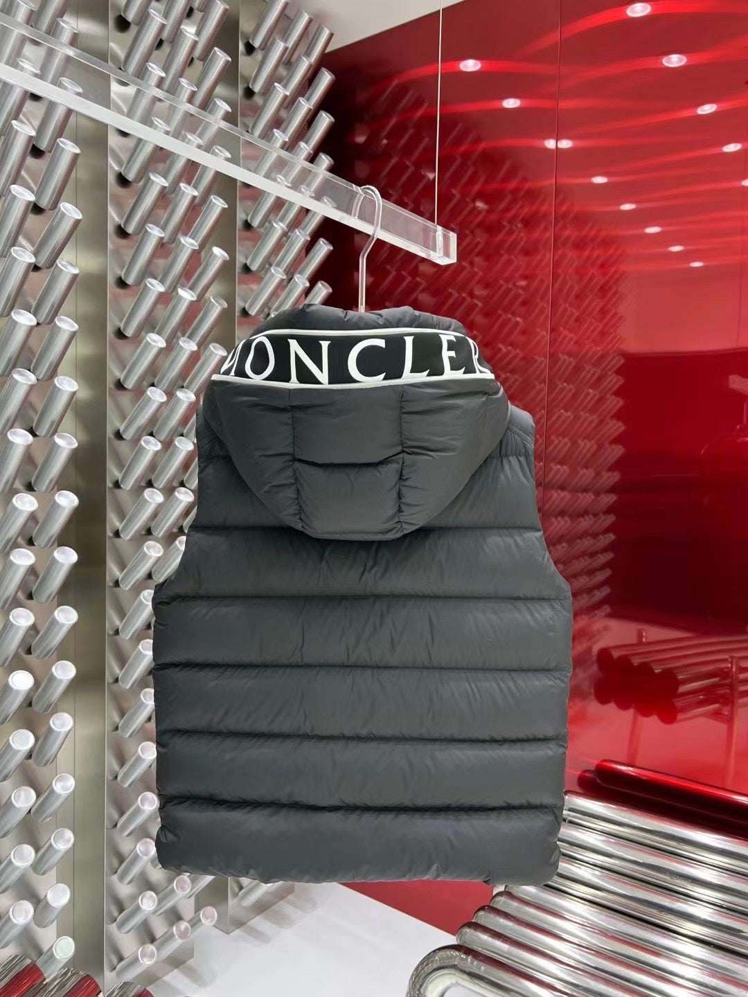 Moncler Charcoal Gray Logo Hooded Quilted Puffer Vest